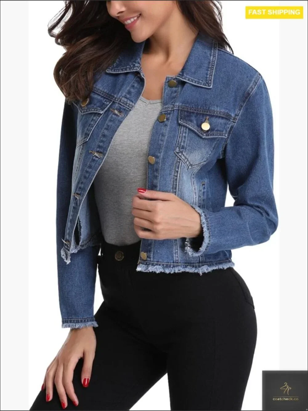 Cropped Denim Jacket Button Up Frayed Washed Casual 2 Side Pockets